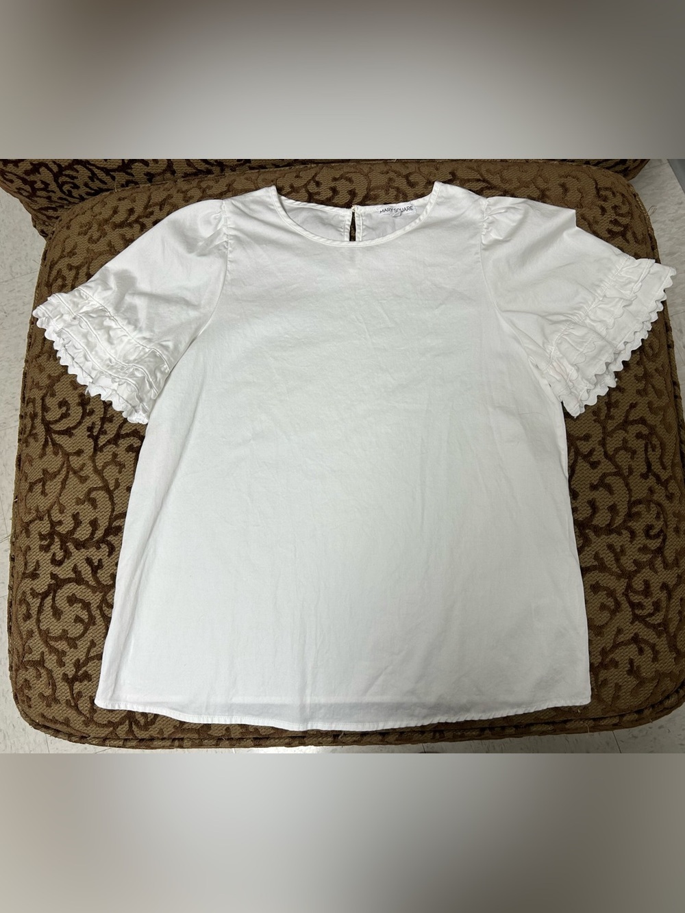 Mary Square White Ruffle Sleeve Blouse XS Puff Sleeve Scalloped Trim Top Preppy - Picture 2 of 6